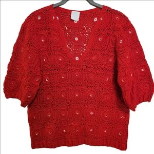 VINTAGE FLAIR GRANNY SQUARE HANDCRAFTED RED CROCHET SHORT SLEEVE SWEATER MEDIUM